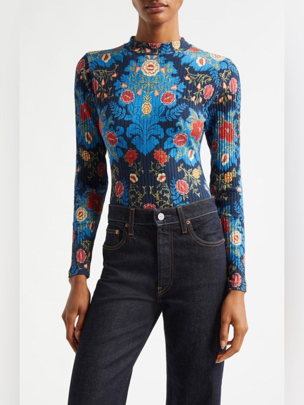 Farm Rio Arabesque Floral Mock Neck Cotton Rib Bodysuit
